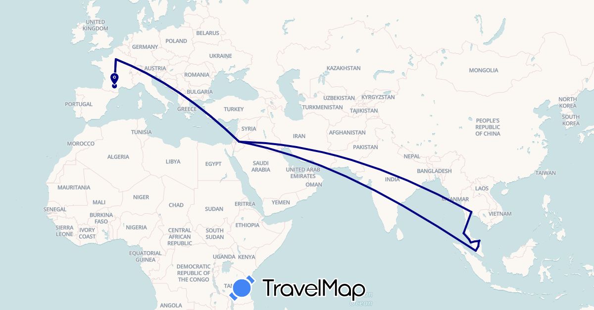 TravelMap itinerary: driving in France, Jordan, Malaysia, Thailand (Asia, Europe)